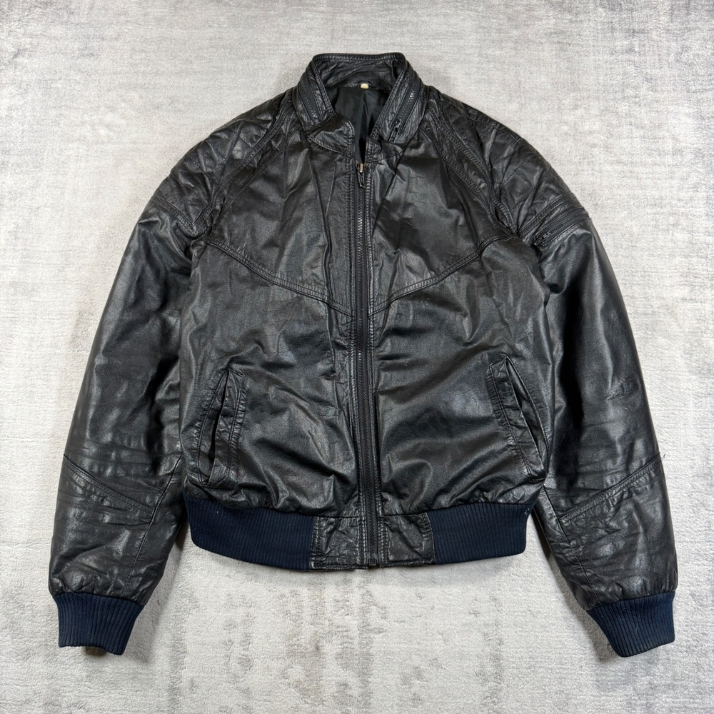 Stylman International Leather Jacket Womens 42 Black Bomber Vintage 80s Moto Zip
